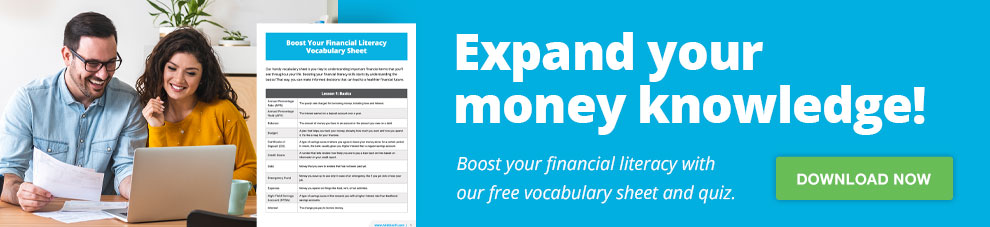 Woman and man smiling at computer and holdign documents.